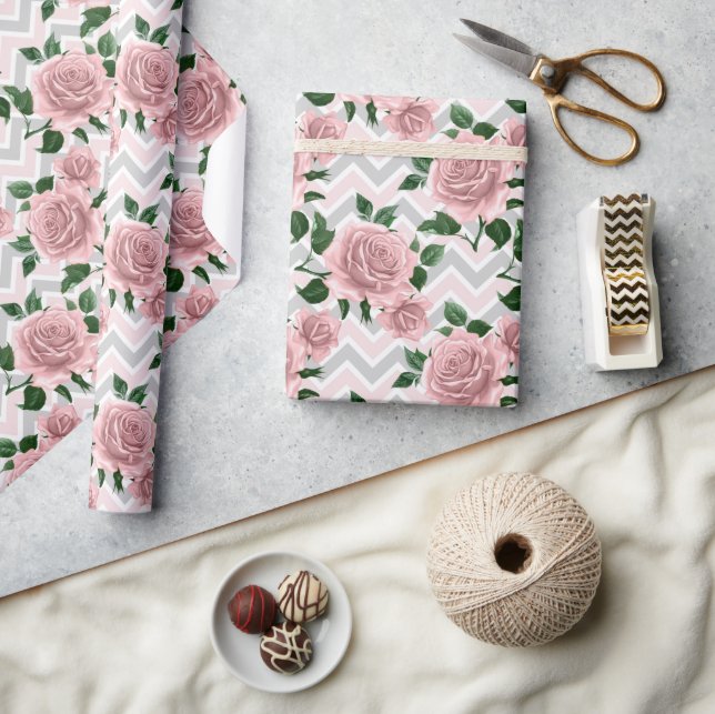 Papel De Presente Rosas Cor-de-Rosa Chevron (Artesanato)