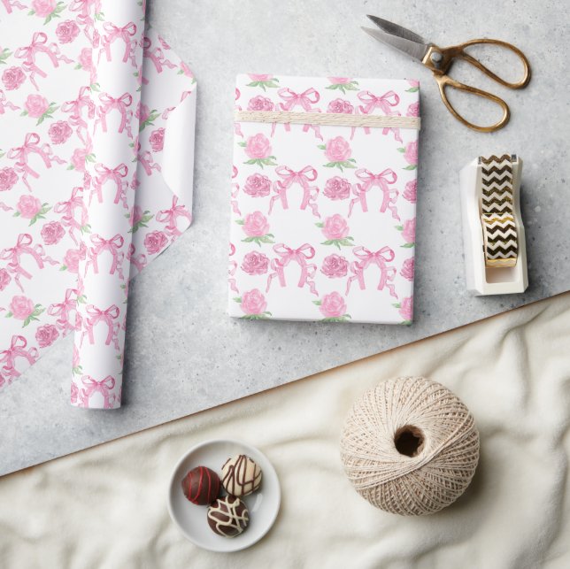 Papel De Presente Rosas Cor-de-Rosa em Aquarela e Laços (Artesanato)