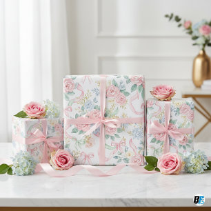 Papel De Presente Rosas Cor-de-Rosa em Aquarela Fitas e Laços Florai