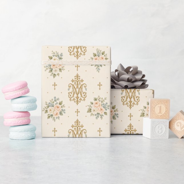 Papel De Presente Rosas da Cruz Mariana Casamento Católico Tradicion (Chá de bebê)