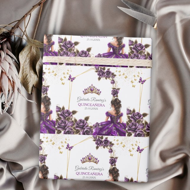 Papel De Presente Rosas da Tiara Dourada Roxa Quinceañera (Criador carregado)