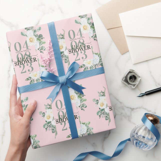 Papel De Presente Rosas de Aquarela Brancos Suaves Eucalyptus Rosa (Presentear)