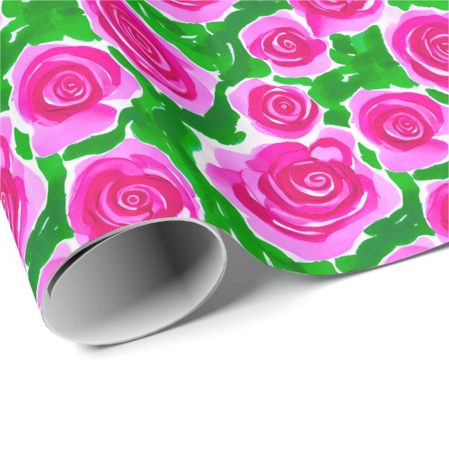 Papel De Presente Rosas de Aquarela Rosa Fuchsia (Ponta do rolo)