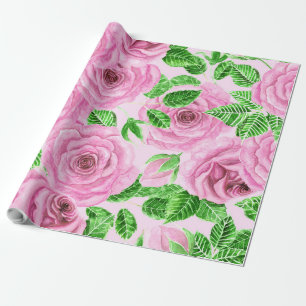 Papel De Presente Rosas de aquarelas cor-de-rosa com folhas e padrã