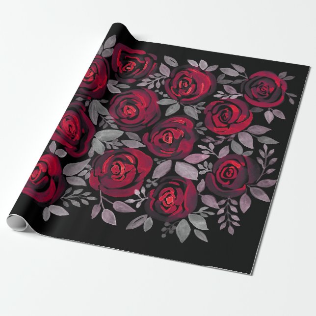 Papel De Presente Rosas de aquarelas, rosas vermelhas a preto (Desenrolado)