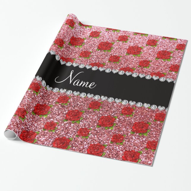 Papel De Presente Rosas de brilho da rosa claro de nome personalizad (Desenrolado)
