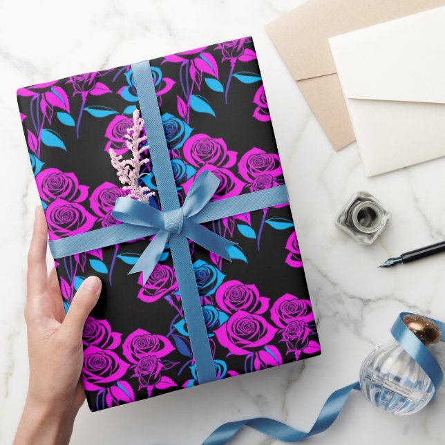 Papel De Presente Rosas de Cores Neon (Presentear)