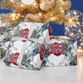 Papel De Presente Rosas de inverno Pinheiro e Árvore de Spruce Green