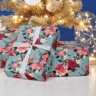 Papel De Presente Rosas de vindima e Florais num Fundo Azul