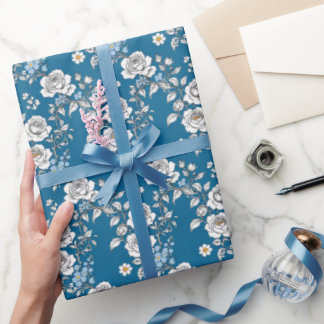 Papel De Presente Rosas de Vintage Azul e Branco
