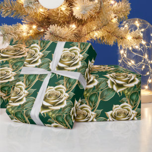 Papel De Presente Rosas Douradas Com Folhas Verde Esmeralda
