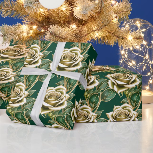 Papel De Presente Rosas Douradas Com Folhas Verde Esmeralda (Feriados)