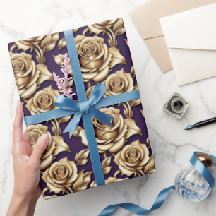 Papel De Presente Rosas Douradas Metálicas Em Um Fundo Roxo Escuro F