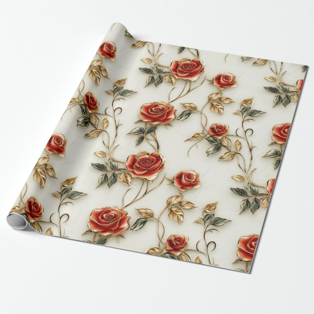 Papel De Presente Rosas Dourados Elegante (Desenrolado)