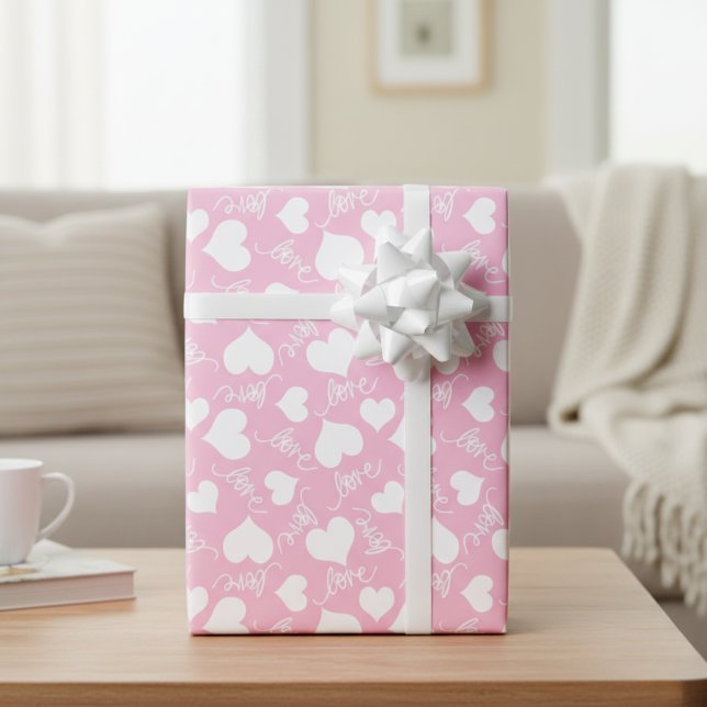Papel De Presente Rosas e Corações Brancos Envergonhados & Amor (Blushing Pink & White Hearts & Love Wrapping Paper)
