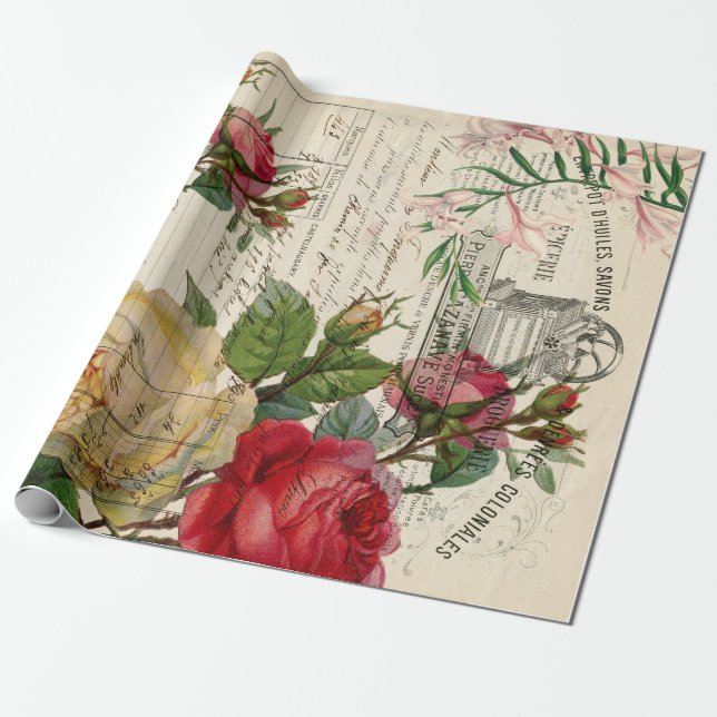Papel De Presente Rosas e Ephemera Floral (Desenrolado)