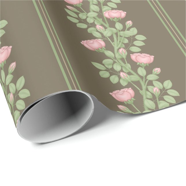 Papel De Presente Rosas e faixas cor-de-rosa no castanho (Ponta do rolo)