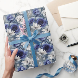 Papel De Presente Rosas e Lírios Azuis e Brancos Elegantes