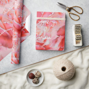 Papel De Presente rosas e nomes cor-de-rosa, padrão floral romântico