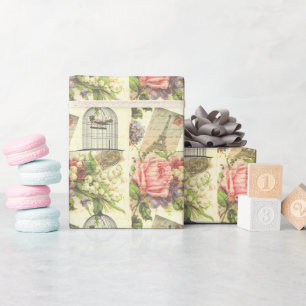 Papel De Presente Rosas e pássaros em jaulas