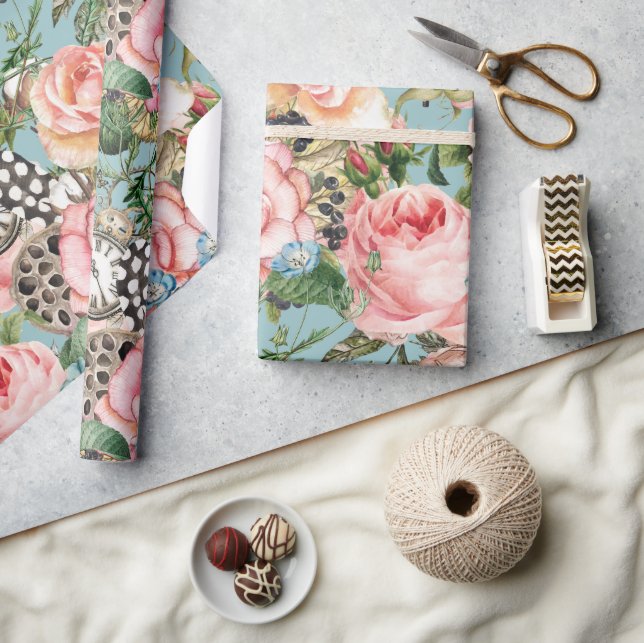 Papel De Presente Rosas E Relógios Quimicos Modernos Azul (Artesanato)