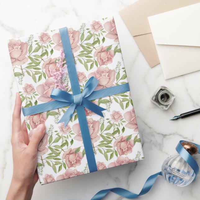 Papel De Presente Rosas em Aquarela Rosa Rubor (Presentear)
