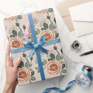 Papel De Presente Rosas em estilo Boho em laranja pastél e verde sag