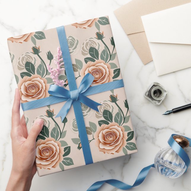 Papel De Presente Rosas em estilo Boho em laranja pastél e verde sag (Presentear)