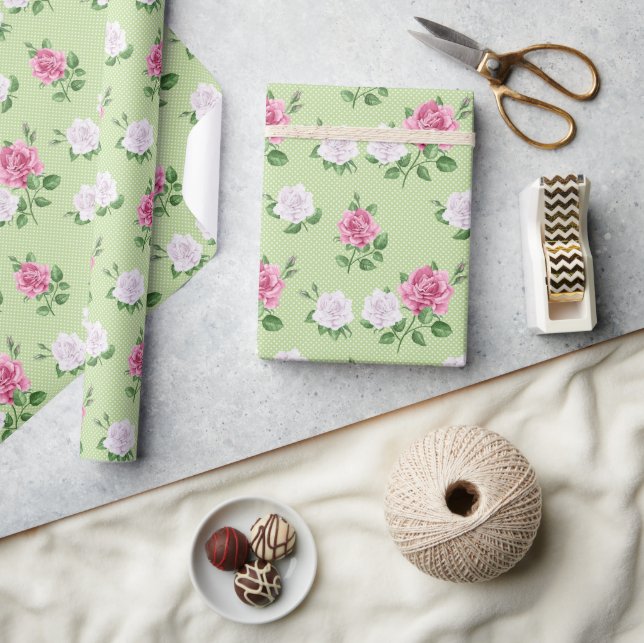 Papel De Presente Rosas em Rosa e Branco (Artesanato)