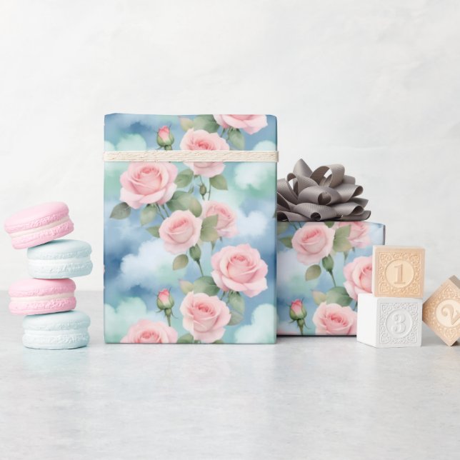 Papel De Presente Rosas em tons de água-marinha de rosa claro e verd (Chá de bebê)