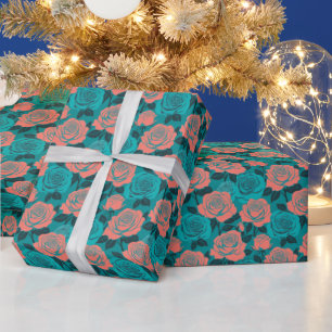 Papel De Presente Rosas Estilizadas Ousadamente Em Tons De Teal E Tu