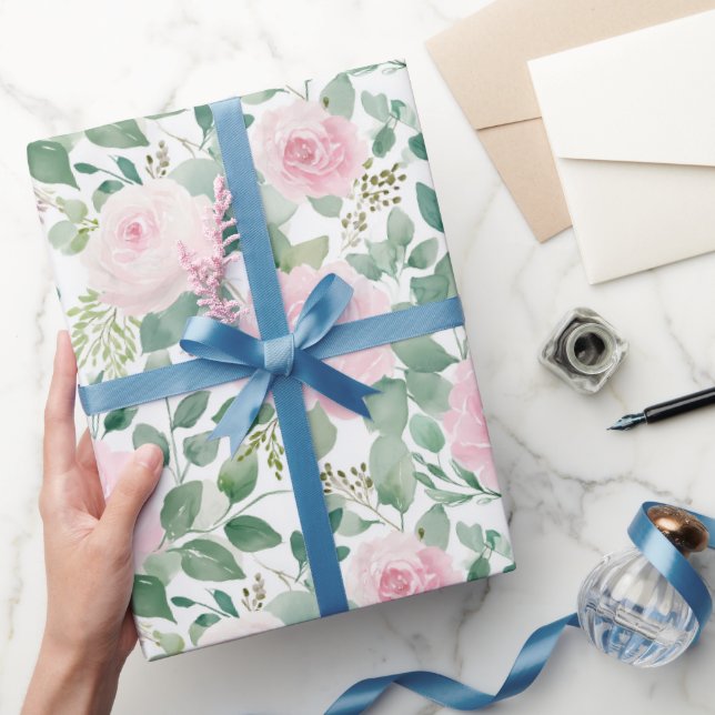 Papel De Presente Rosas Florais em Aquarela Rosa Suave  (Presentear)