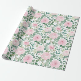 Papel De Presente Rosas Florais em Aquarela Rosa Suave 