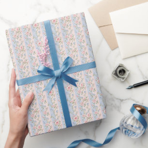 Papel De Presente Rosas Florais Listradas Rosa Azul Grandmillennial