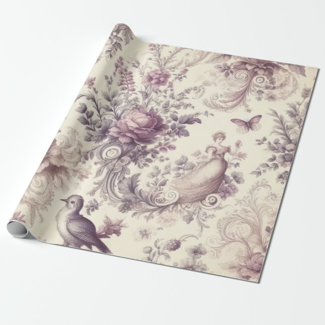 Papel De Presente Rosas Francesas Românticas Decoupage Pássaros (Desenrolado)