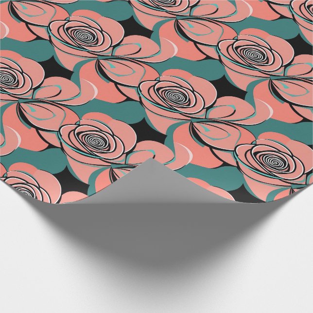 Papel De Presente Rosas Geométricas em Tons de Preto e Azul Turquesa (Ponta)