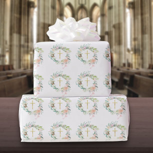 Papel De Presente Rosas Grinalda Floral Cruz Cristã Dourada