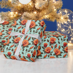 Papel De Presente Rosas Laranja e Vermelhas Vibrantes