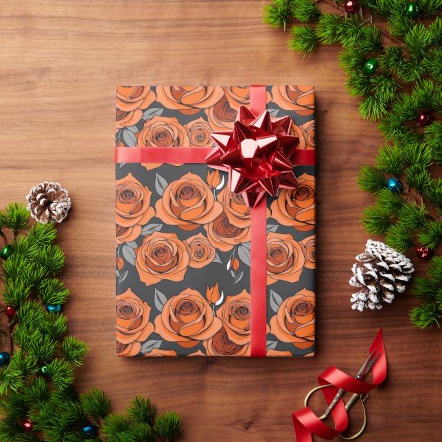 Papel De Presente Rosas Laranja Enferrujadas Quentes (Presente de Natal)