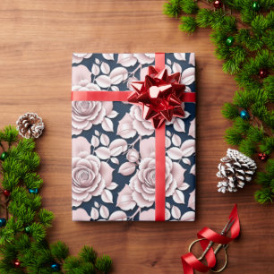 Papel De Presente Rosas Luxuosas Azuis Escuras Com Detalhes Brancos