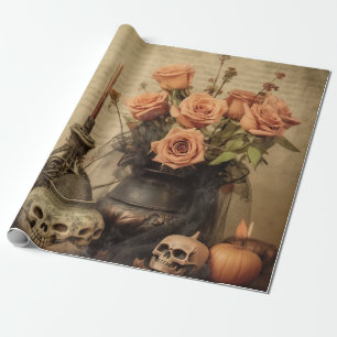 Papel De Presente Rosas Macabras Vintage Caveiras Sépia