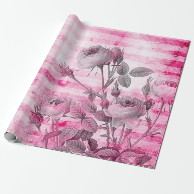 Papel De Presente Rosas no fundo rosa quente | Floral (Desenrolado)