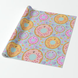 Papel De Presente Rosas Passados Donuts e Padrão de Corações