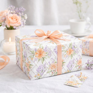 Papel De Presente Rosas Pêssego Roxo Padrão Floral Cottagecore