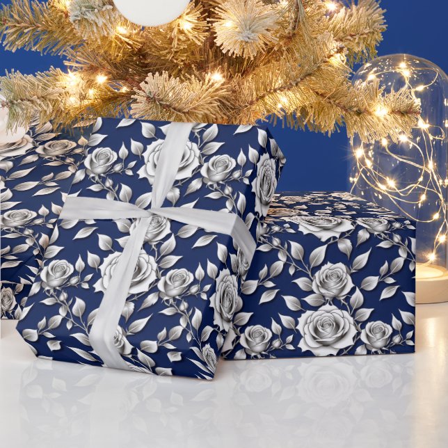 Papel De Presente Rosas Prateadas E Brancas (Feriados)