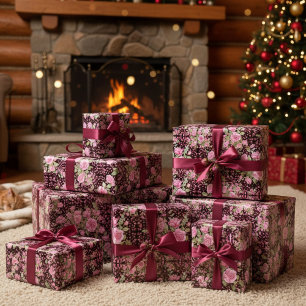 Papel De Presente Rosas Pretas e Rosa