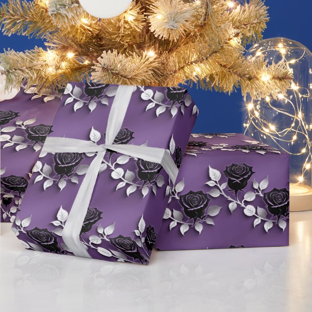Papel De Presente Rosas Pretas Elegantes Com Folhas de Prata (Feriados)