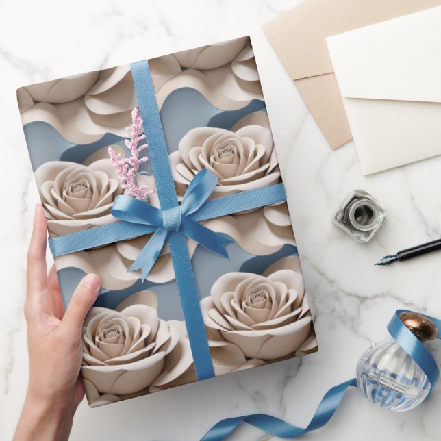 Papel De Presente Rosas renderizadas em 3D em tons de azul e branco (Presentear)