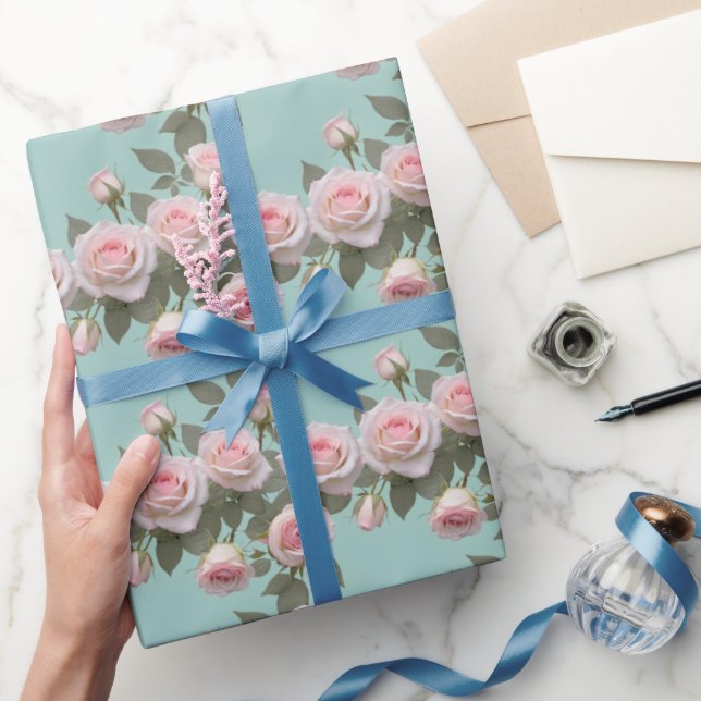 Papel De Presente Rosas Rosa Bebê Com Folhas Verde Salvia (Presentear)