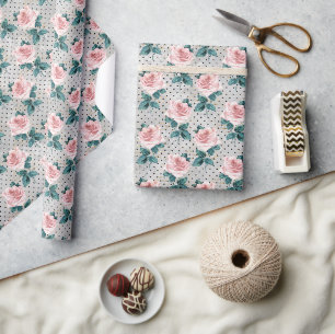 Papel De Presente Rosas Rosa Bege e Pontos